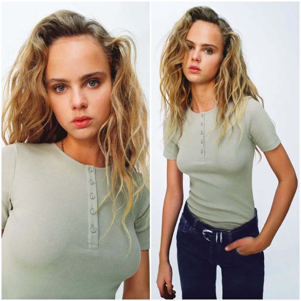 NWT ZARA Sage Green Buttoned SS Rib Bodysuit